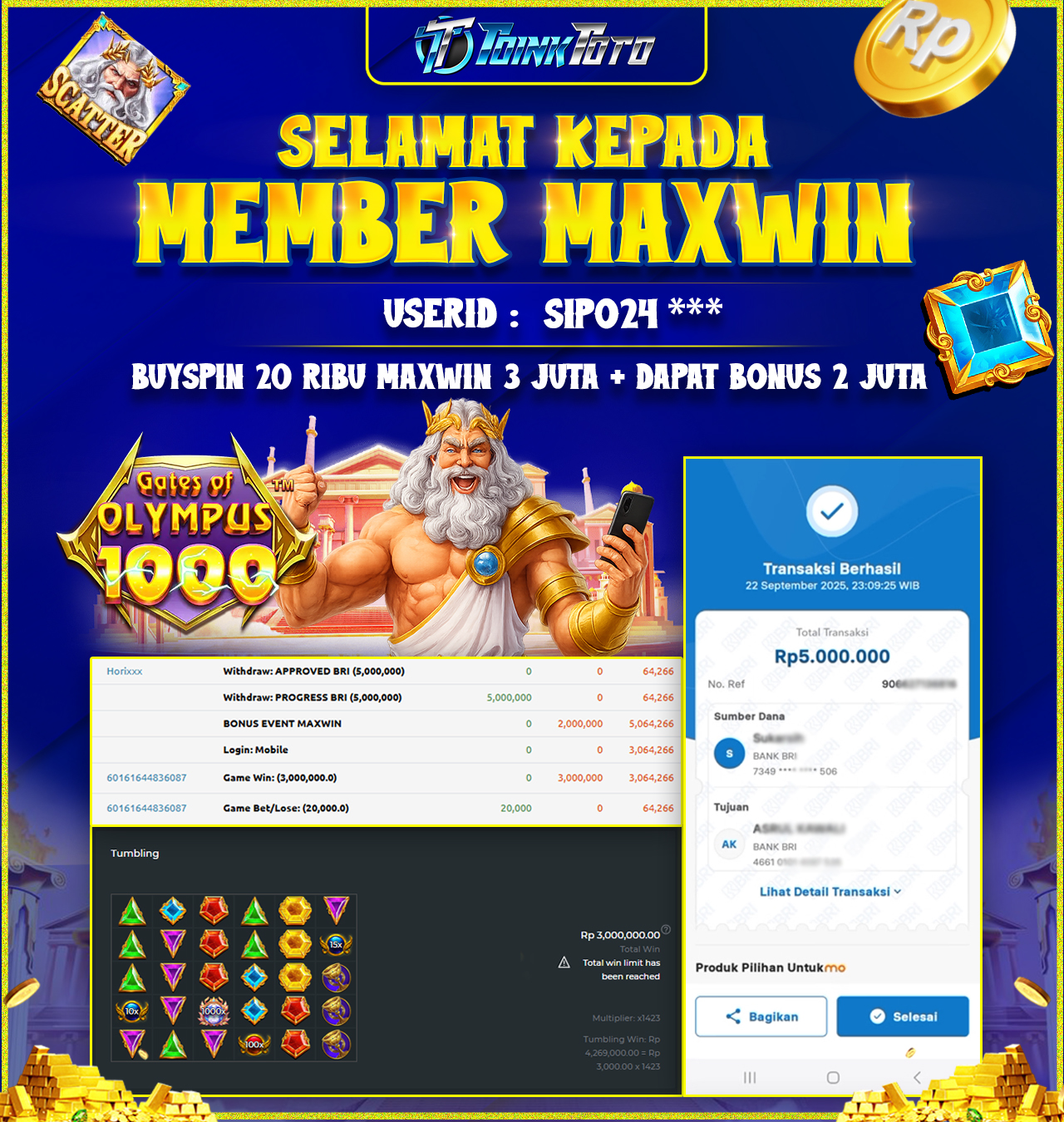 TOINKTOTO JACKPOT GAME SLOT GATES OF OLYMPUS Rp.5.000.000.,- LUNAS